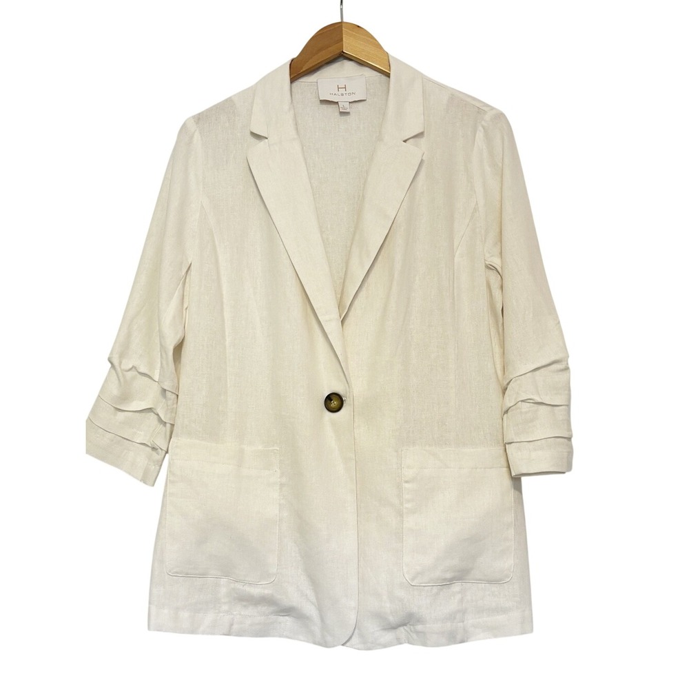 H by Halston White Linen-Blend Ruched-Sleeve Blazer size Large Relaxed Coastal